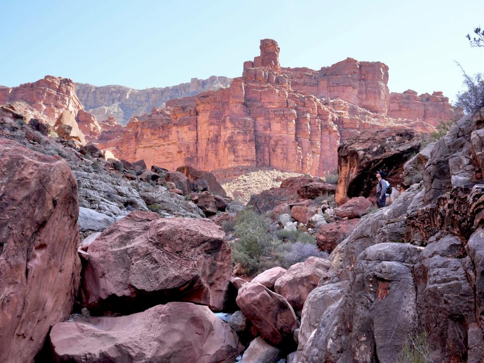 A person looking our into a rocky canyon surrounded by red-rock formations.