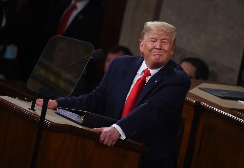 US President Donald Trump delivers the State of the Union address at the US Capitol in Washington, DC, on February 4, 2020. (Photo by Olivier DOULIERY / AFP) (Photo by OLIVIER DOULIERY/AFP via Getty Images)