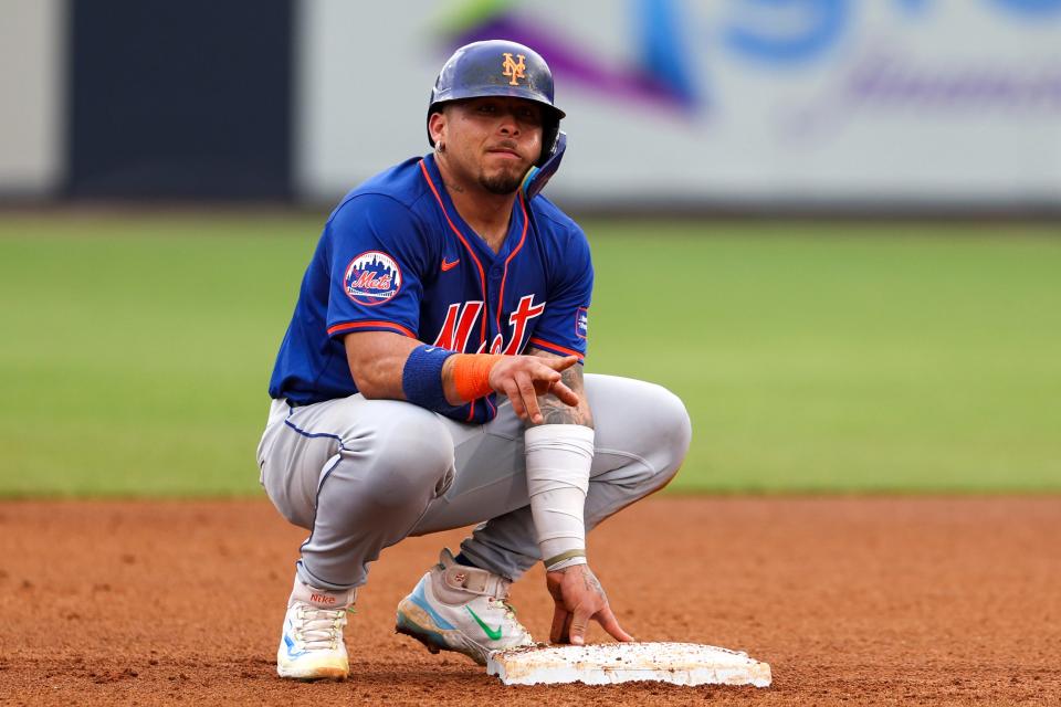 New York Mets catcher Francisco Alvarez (4) reacts after stealing second base against the New York Yankees in the third inning at George M. Steinbrenner Field on March 22, 2024, in Tampa, Fla.