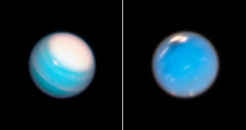 <span class="caption">Uranus (left) and Neptune (right) seen by Hubble. </span> <span class="attribution"><span class="source">NASA, ESA, A. Simon (NASA Goddard Space Flight Center), and M.H. Wong and A. Hsu (University of California, Berkeley)</span></span>