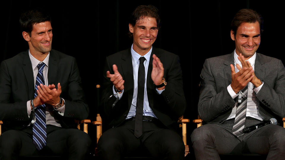 Novak Djokovic, Rafael Nadal and Roger Federer, pictured here at an event in 2010.