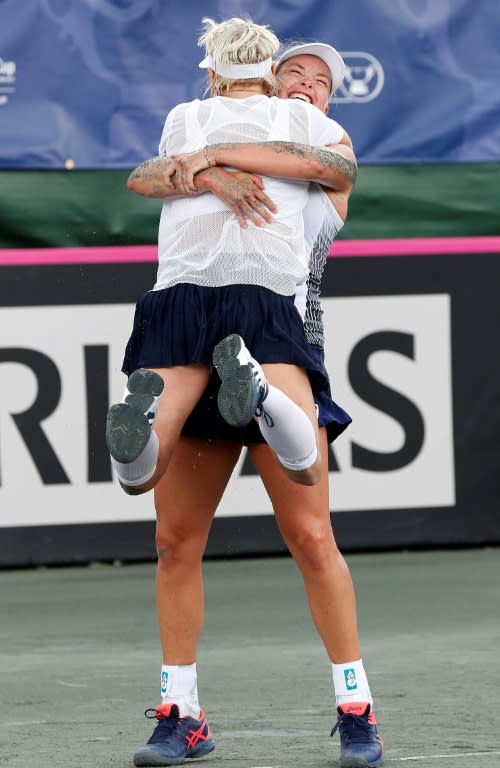 Team USA members Bethanie Mattek-Sands (L) and Coco Vandeweghe celebrate their doubles match victory over the Czech Republic in the Fed Cup semi-finals in Tampa, Florida April 23, 2017