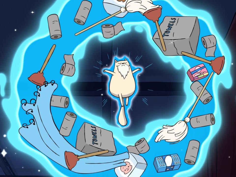 an animated cat with a beard levitating, with a ring of levitating objects surrounding it engulfed in blue light