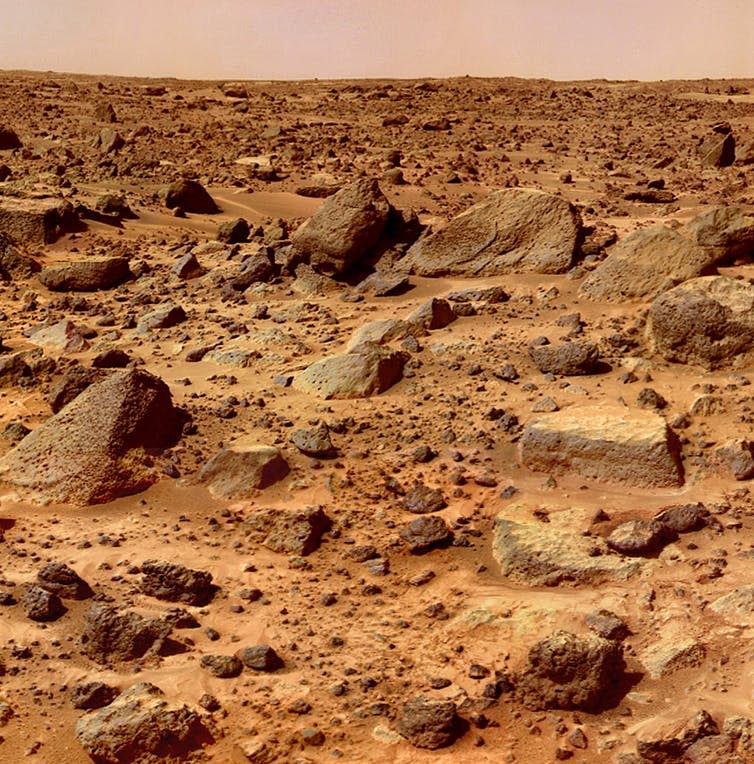 The dry rocky and sandy orange surface of Mars