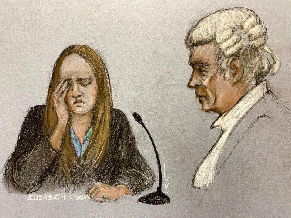 Court artist sketch by Elizabeth Cook of Lucy Letby reacting to the final questions from her barrister Ben Myers, as she appears in the dock at Manchester Crown Court where she is charged with the murder of seven babies and the attempted murder of another ten, between June 2015 and June 2016 while working on the neonatal unit of the Countess of Chester Hospital. Picture date: Wednesday May 17, 2023.