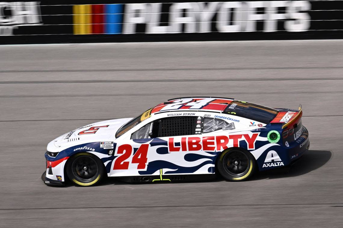 William Byron (24) competes during NASCAR Cup Series qualifying at Homestead-Miami Speedway, Saturday, Oct. 22, 2022, in Homestead, Fla. (AP Photo/Mark Elias)