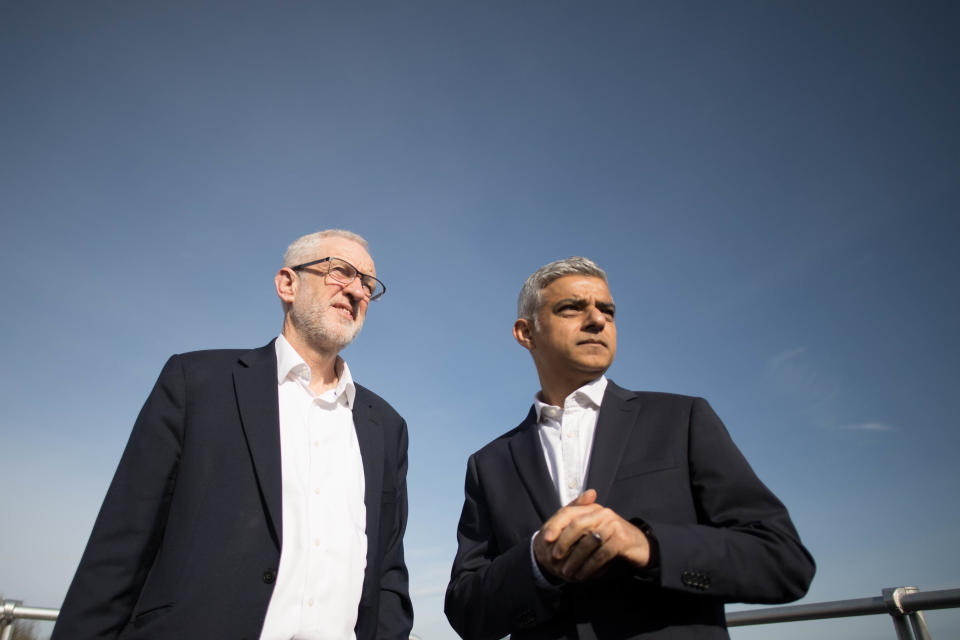 The Mayor of London Sadiq Khan (right) is joined by Labour Leader Jeremy Corbyn on a rooftop overlooking the former Holloway Prison site, as they announced it will be acquired by Peabody Housing Association.