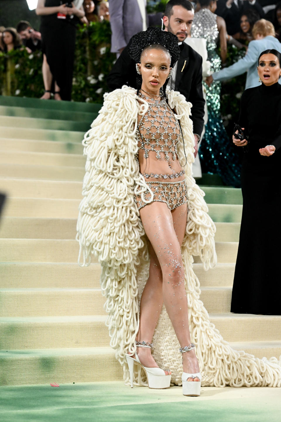 fka twigs, sky-high heels, platform pumps, platform shoes, white platform pumps, met gala shoes, met gala, 2024 met gala style