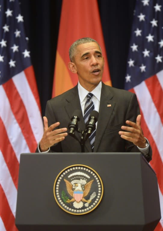 US President Barack Obama gives a speech at the National Convention Center in Hanoi on May 24, 2016