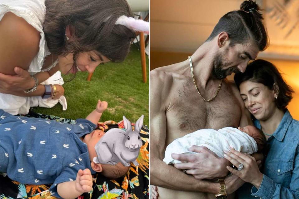 <p>Nicole Michele Phelps/ Instagram; @boonestudios/Instagram</p> Nicole and Nico Phelps (L), Michael and Nicole Phelps with newborn Nico (R)