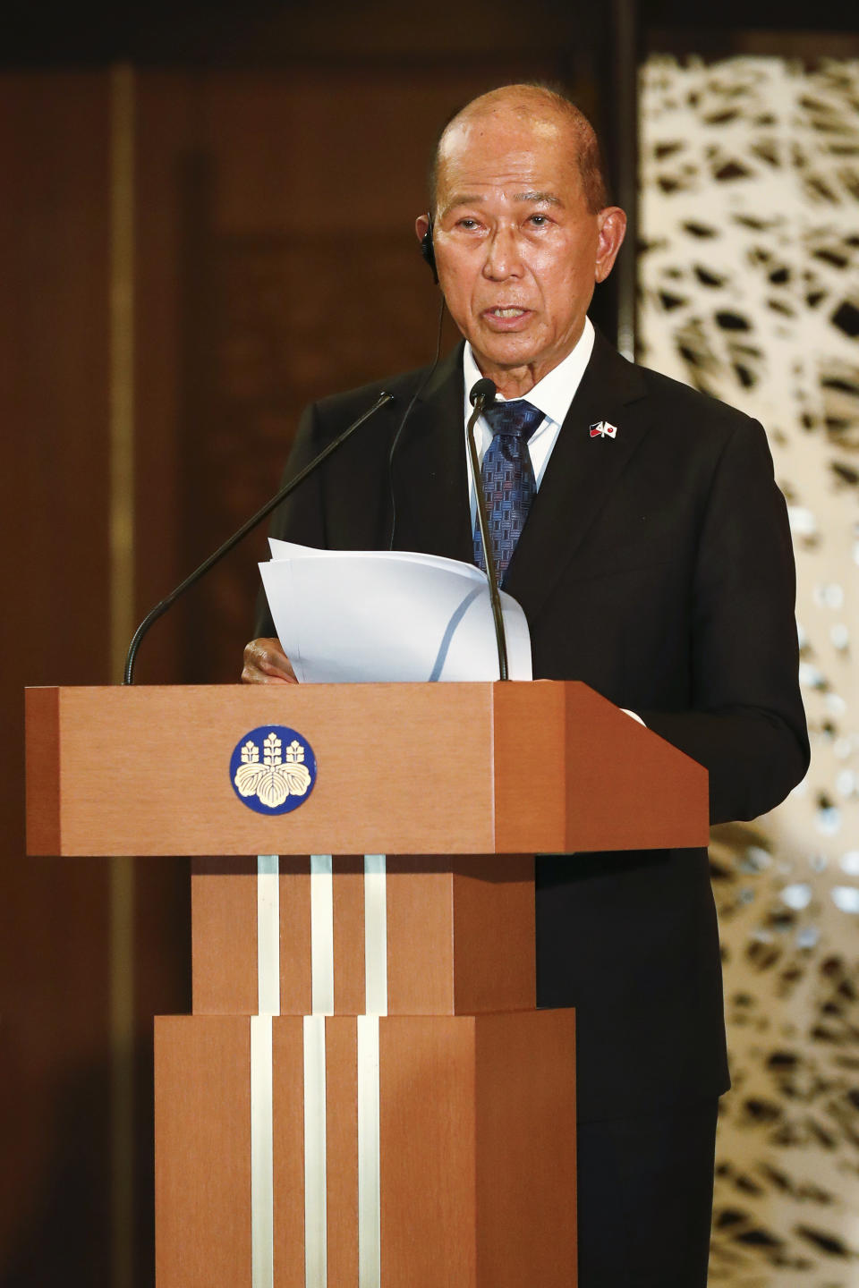 Philippine Defense Secretary Delfin Lorenzana speaks during a news conference with Japanese Foreign Minister Yoshimasa Hayashi and Defense Minister Nobuo Kishi at the Iikura Guest House in Tokyo Saturday, April 9, 2022. (Rodrigo Reyes Marin/Pool Photo via AP)