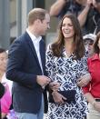 Britain's Kate, the Duchess of Cambridge smiles as she looks at her husband Prince William as they arrive at Echo Point Lookout in Katoomba, Australia, Thursday, April 17, 2014. The Duke and Duchess of Cambridge on Thursday stopped in the Blue Mountains town of Winmalee to meet with firefighters and locals affected by last year's wildfires that destroyed more than 200 homes. (AP Photo/Rob Griffith)