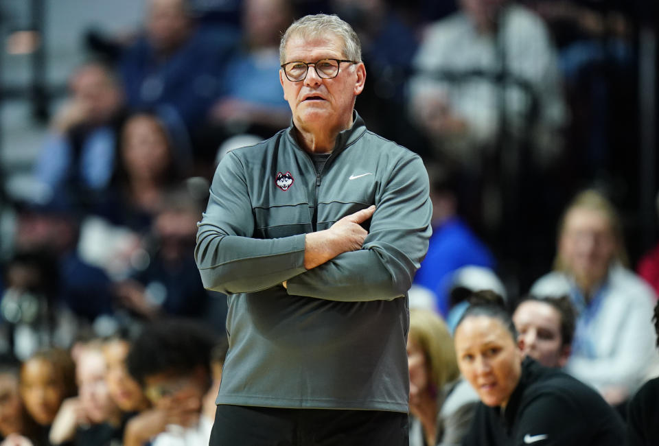 Mar 5, 2023; Uncasville, CT, USA; UConn Huskies head coach Geno Auriemma watches from the sideline as they take on the Marquette Golden Eagles at Mohegan Sun Arena. Mandatory Credit: David Butler II-USA TODAY Sports