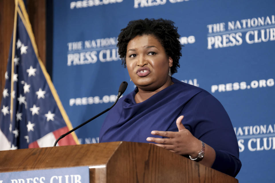 Former Georgia House Democratic Leader Stacey Abrams, speaks at the National Press Club, Friday, Nov. 15, 2019 in Washington. (AP Photo/Michael A. McCoy)