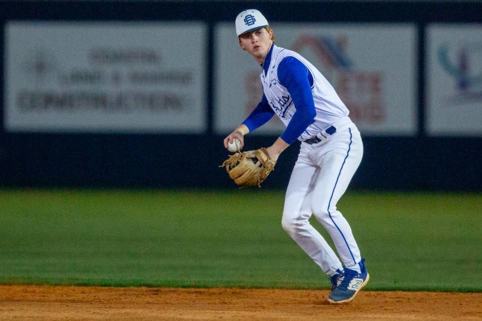 Ocean Springs’ Maddox Moreland throws a ball during a game against Jackson Prep in Ocean Springs on Monday, March 11, 2024.