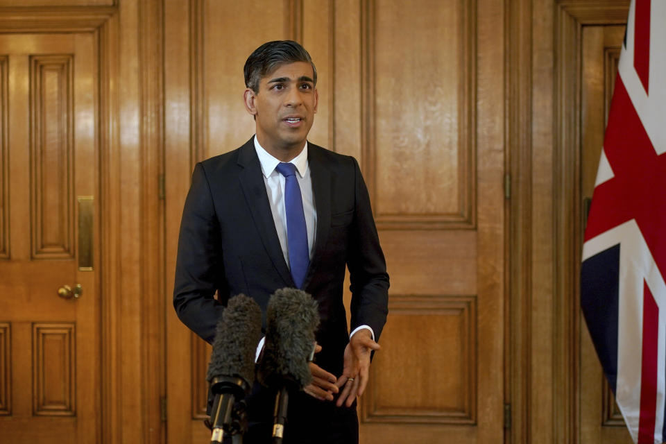 British Prime Minister Rishi Sunak issues a statement after British and US forces struck Houthi targets in Yemen, at 10 Downing Street, London, Friday May 31, 2024. The U.S. and Britain struck 13 Houthi targets in several locations in Yemen on Thursday in response to a recent surge in attacks by the Iran-backed militia group on ships in the Red Sea and Gulf of Aden over the Israel-Hamas war. (Yui Mok/Pool Photo via AP)