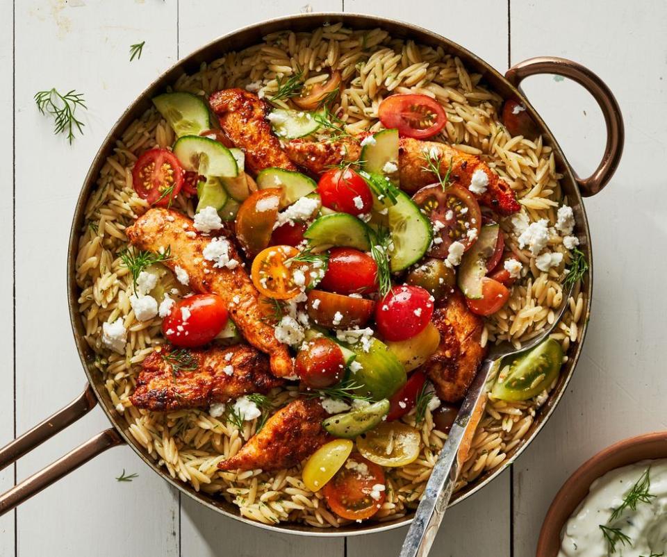 one pot shawarma chicken and orzo skillet