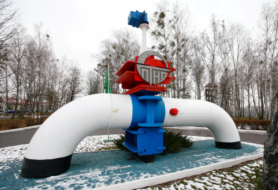 A model of a pipe at the main entrance to the Gomel Transneft oil pumping station, which moves crude through the Northern Druzhba pipeline westwards to Poland (Reuters)