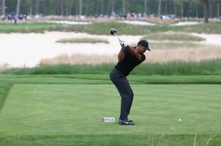 May 17, 2019; Bethpage, NY, USA; Tiger Woods plays his shot from the seventh tee during the second round of the PGA Championship golf tournament at Bethpage State Park - Black Course. Mandatory Credit: Peter Casey-USA TODAY Sports