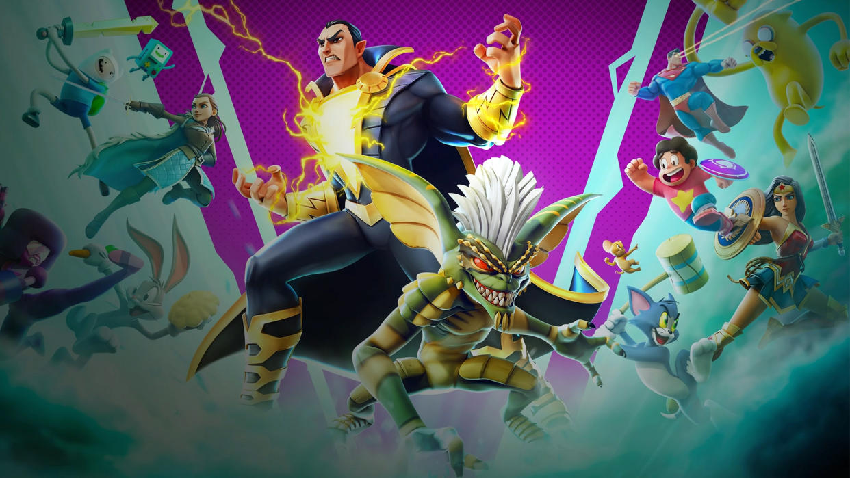  Promotional image for Multiversus showing characters Black Adam and Stripe. 