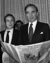 FILE - In this Jan. 22, 1981 file photo, the editor of the Times newspaper Harold Evans, left, poses for a photo with Media owner Rupert Murdoch. Evans, the charismatic publisher, author and muckraker, has died at 92. His wife, fellow author-publisher Tina Brown, said he died of congestive heart failure, it was reported on Thursday, Sept. 24, 2020. He was a bold-faced name for decades, from exposing wrongdoing in 1960s London, to publishing such 1990s best-sellers as Joe Klein’s “Primary Colors.” (PA via AP, File)