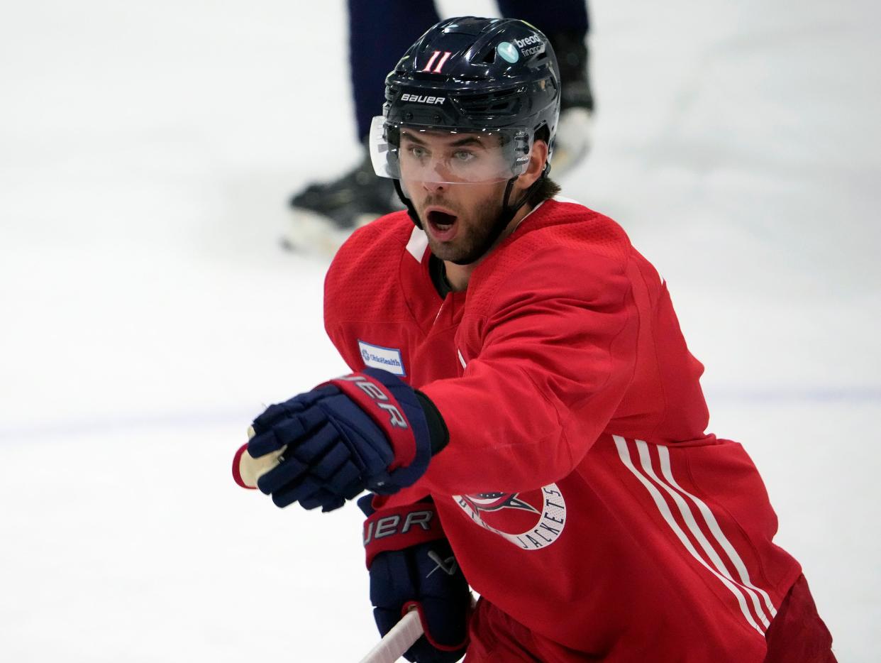 Sep 13, 2023; Columbus, OH, USA; Columbus Blue Jackets prospect Adam Fantilli during practice at the Ice Haus.