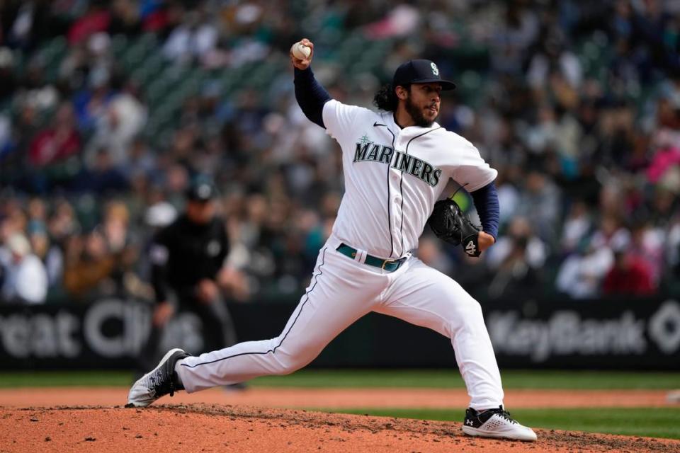 Seattle Mariners’ Andres Munoz throws against the Los Angeles Angels in a baseball game Wednesday, April 5, 2023, in Seattle. (AP Photo/Lindsey Wasson)