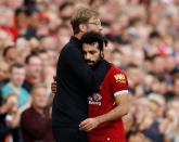 <p>Liverpool’s Mohamed Salah with manager Jurgen Klopp after being substituted</p>