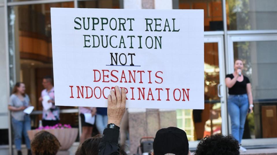 PHOTO: Students and others attend a rally to protest Florida education policies outside Orlando City Hall, April 21, 2023, in Orlando, Fla. (Paul Hennessy/Anadolu Agency via Getty Images)