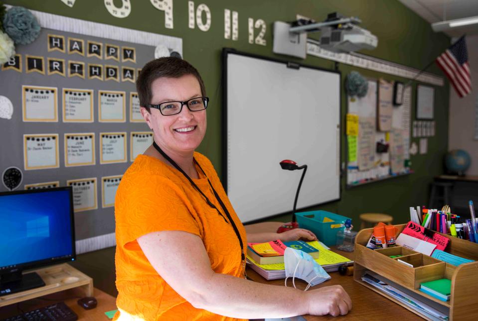 Peggy Sobczak is a substitute teacher in the Sycamore School District. She's photographed at the end of the day in the fourth grade classroom she subbed in at Maple Dale Elementary in Blue Ash, Friday, November 5, 2021. She doesn't sub everyday, but she could, due to the extreme shortage of subs in Southwest Ohio and Northern Kentucky. 