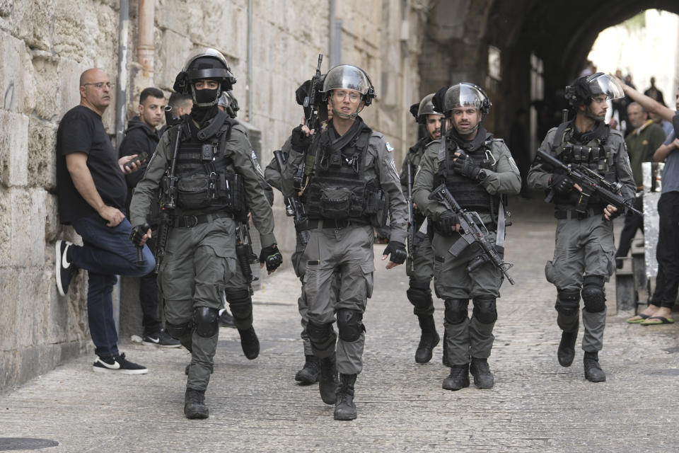 Israeli police is deployed in the Old City of Jerusalem, Sunday, April 17, 2022. Israeli police clashed with Palestinians outside Al-Aqsa Mosque after police cleared Palestinians from the sprawling compound to facilitate the routine visit of Jews to the holy site and accused Palestinians of stockpiling stones in anticipation of violence. (AP Photo/Mahmoud Illean)