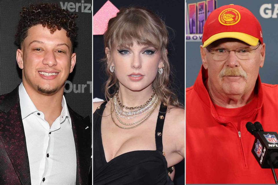 <p>getty (3)</p> (L-R) Patrick Mahomes, Taylor Swift, Andy Reid