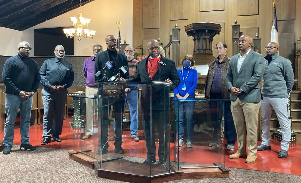 Bishop Dwane Brock, pastor of Victory Christian Center and CEO of Eagles Nest Leadership Corp., along with community leaders and residents, called for the resignation of Erie County Executive Brenton Davis on Nov. 15, 2022. 