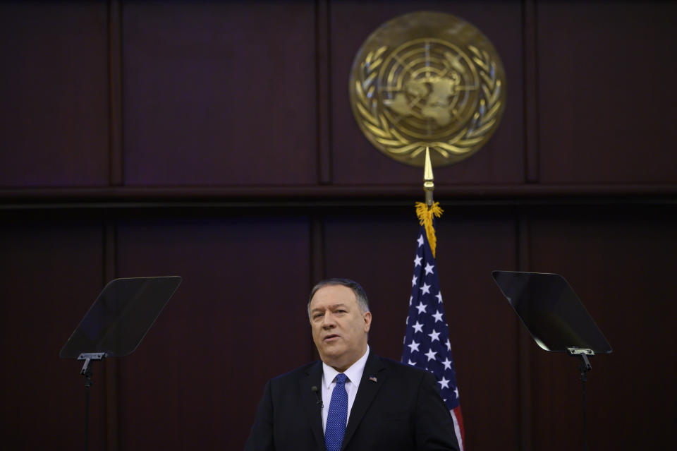 US Secretary of State Mike Pompeo speaks during a press conference at the United Nations Economic Commission for Africa, in Addis Ababa, Ethiopia, on Wednesday Feb. 19, 2020. (Andrew Caballero-Reynolds/Pool via AP)