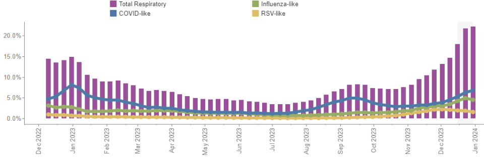 Graph updated on Jan. 3, 2023 shows the percentage of NC emergency department visits with symptoms or a diagnosis of a particular respiratory virus. (NCDHHS)