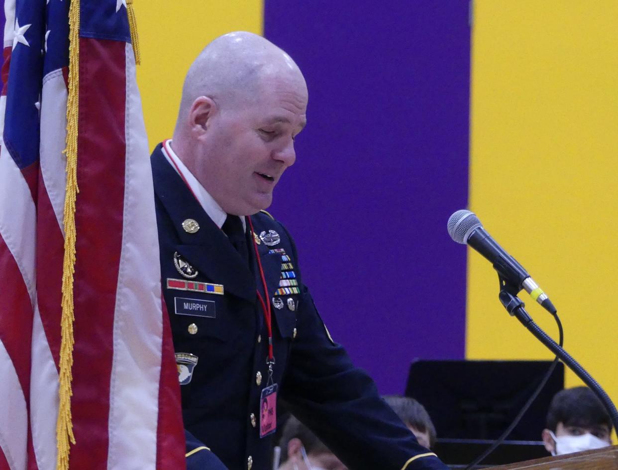 Sgt. 1st Class Lance Murphy, U.S. Army (Ret) speaks at the Paoli Junior-Senior High School Veterans Day Program.