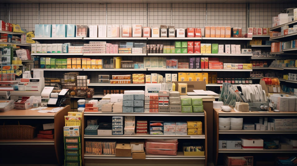 A well-stocked stationery store, depicting a range of consumer products for sale.