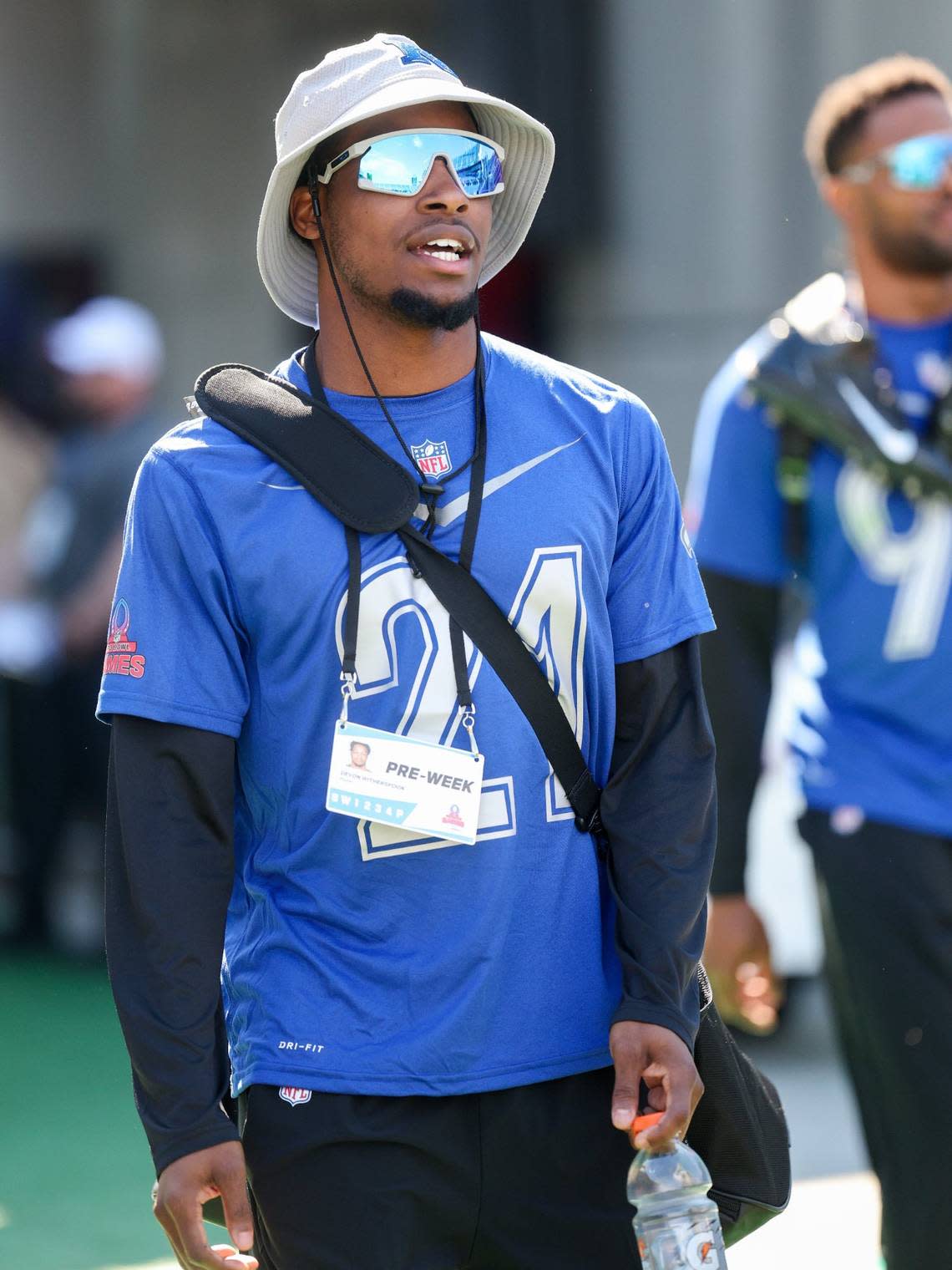 Seahawks cornerback Devon Witherspoon (21) participates in the AFC versus NFC Pro Bowl practice and media day at Camping World Stadium in Orlando, Florida, Feb. 3, 2024.