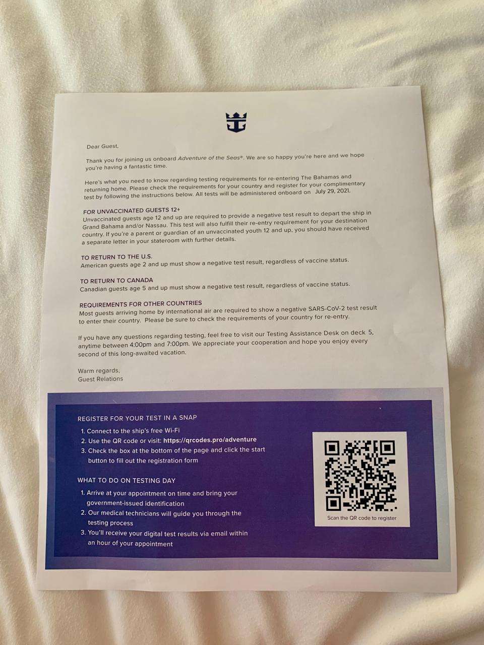 Royal Caribbean's note in passengers' staterooms instructing them to register for their COVID-19 test.