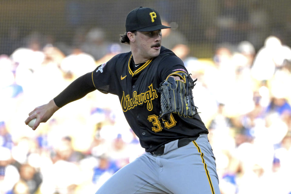 Pittsburgh Pirates Paul Skenes delivers to the plate in the first inning against the Los Angeles Dodgers during a baseball game Saturday, Aug. 10, 2024, in Los Angeles. (AP Photo/Jayne-Kamin-Oncea)