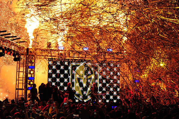 LAS VEGAS, NV - NOVEMBER 22: Pyrotechnics explode as the Vegas Golden Knights name and logo is revealed during the Las Vegas NHL team name Unveiling ceremony on November 22, 2016, at The Park at T-Mobile Arena in Las Vegas, NV. (Photo by Josh Holmberg/Icon Sportswire via Getty Images)