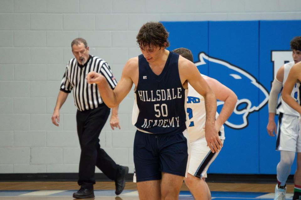 Hillsdale Academy senior Dominic Scharer dropped 23 points on Camden-Frontier during their 73-28 victory. (Photo from earlier this season).