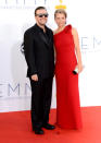 Ricky Gervais and Jane Fallon arrive at the 64th Primetime Emmy Awards at the Nokia Theatre in Los Angeles on September 23, 2012.