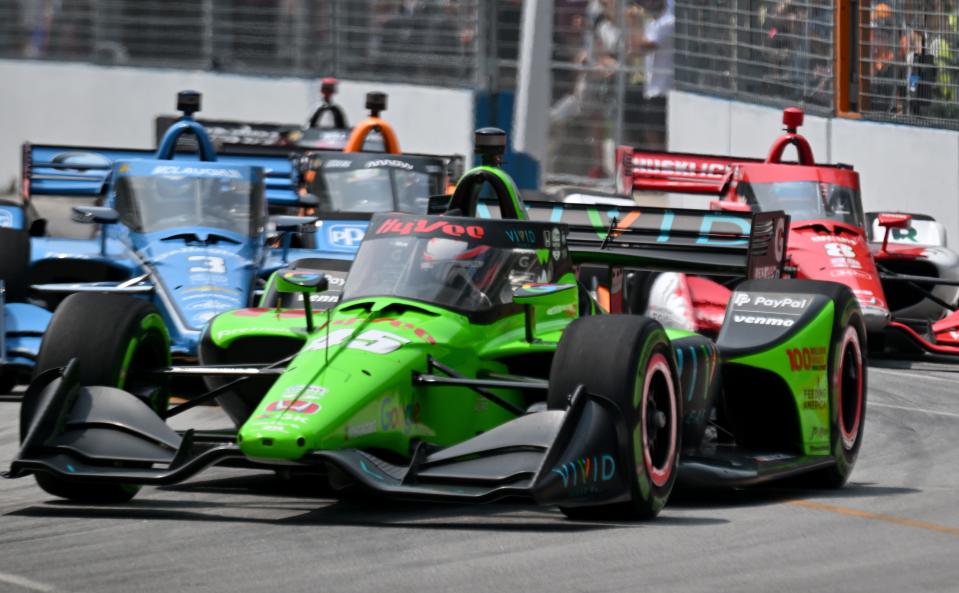 Christian Lundgaard leads the field into Turn 1 during the Honda Indy Toronto on Sunday.