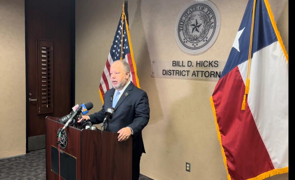 El Paso District Attorney Bill Hicks answers questions at a news conference Tuesday, April 2, 2024, at the Enrique Moreno County Courthouse regarding the arrests of hundreds of migrants accused of participating in a "riot' at the border fence in El Paso's Lower Valley.