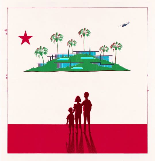 An illustration of a family looks out at an unreachable "upper class" in a visualization of California's state flag.