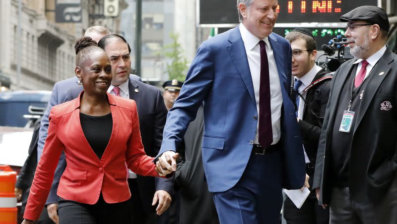 New York Mayor Bill de Blasio and his wife Chirlane McCray arrive at “Good Morning America” in New York on Thursday, May 16, 2019.