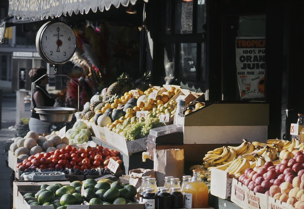 A view of the exterior of the Village Produce fruit and vegetable shop in Greenwich Village in1976 in New York City, New York.