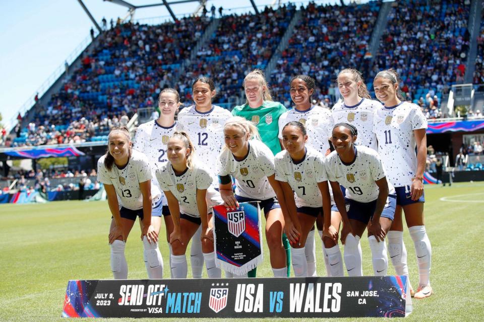 PHOTO: Team USA poses for a photo before a FIFA Women's World Cup send-off soccer match against Wales in San Jose, Calif., July 9, 2023. (Josie Lepe/AP)
