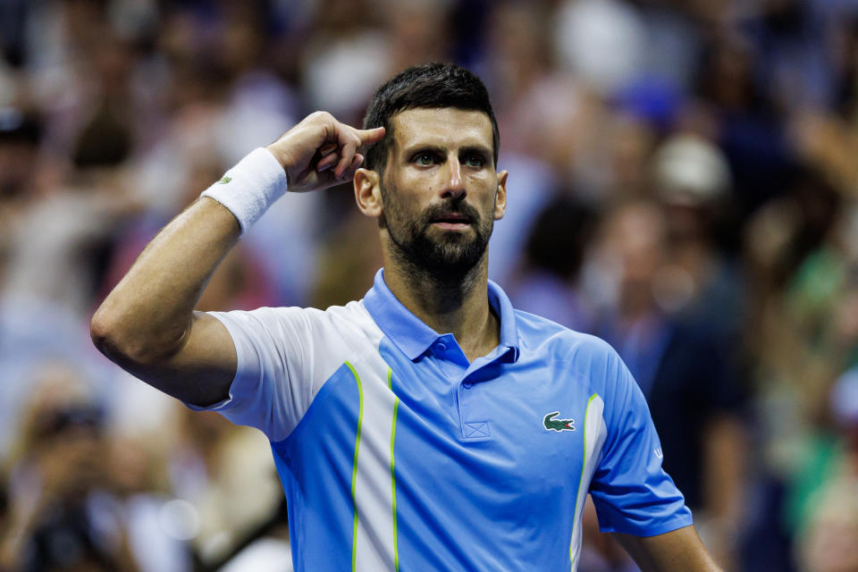 Novak Djokovic gestures after his win.